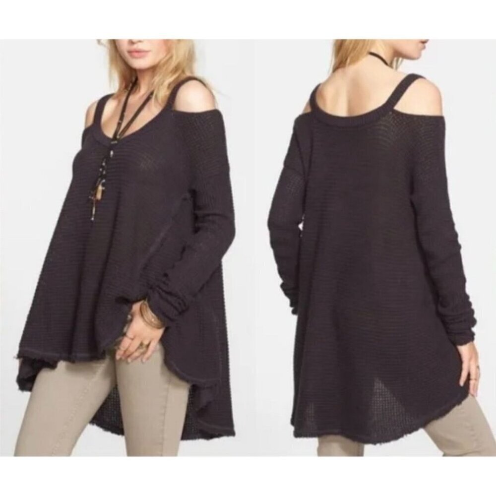 Free People Size Small Charcoal Moonshine Cold Shoulder V-Neck Sweater